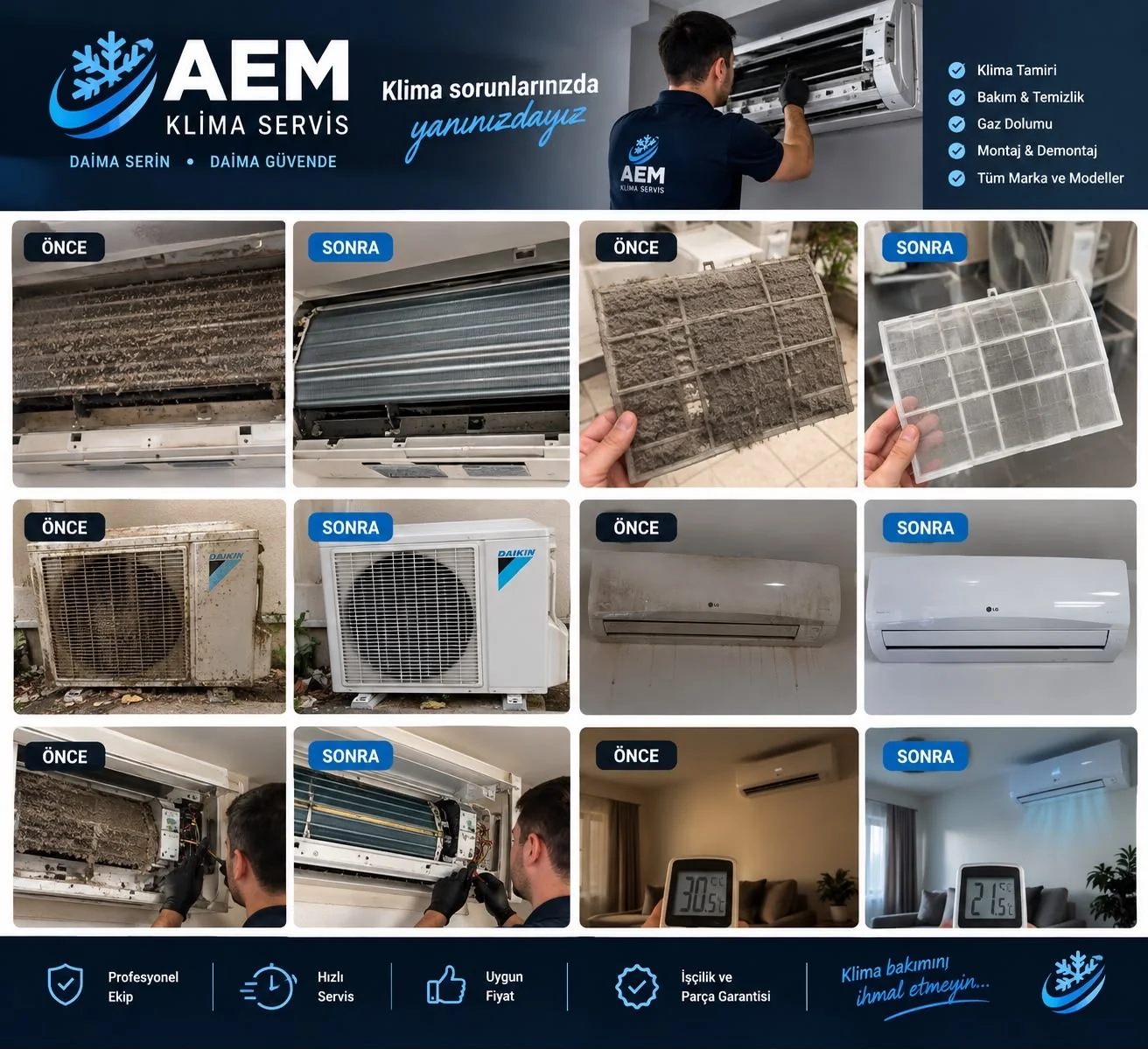 AEM GROUP klima servis çalışmalarından önce ve sonra örnekleri
